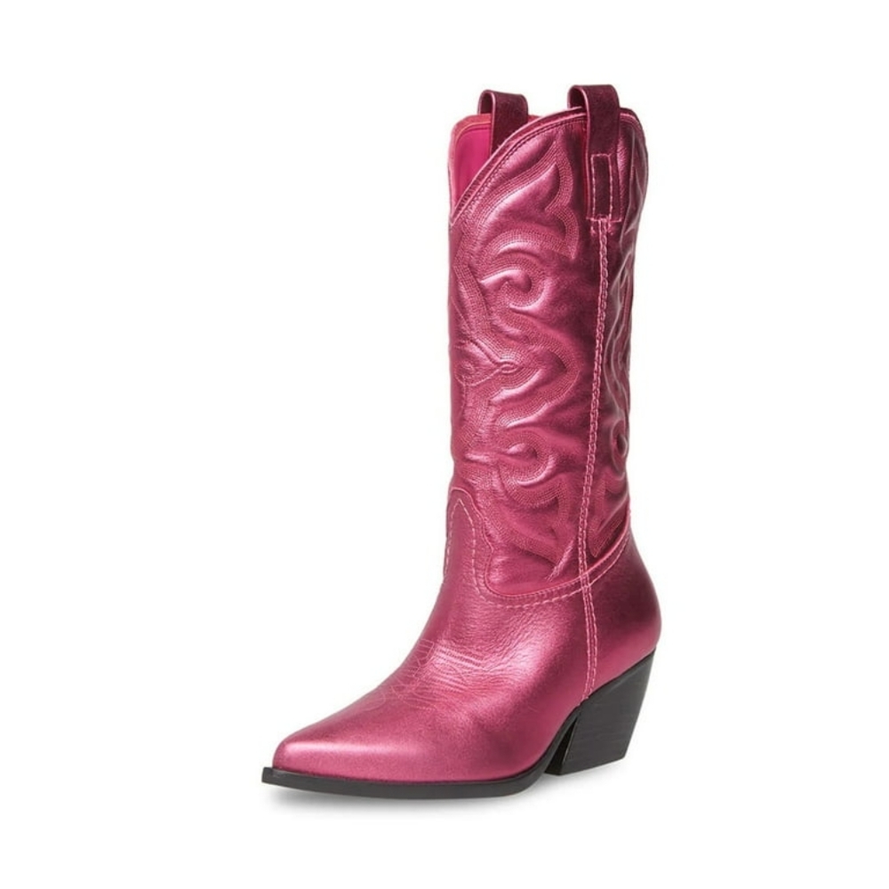 Steve Madden West Pink Metallic Pull On Pointed Toe Block Heel Western Boots - Picture 2 of 9
